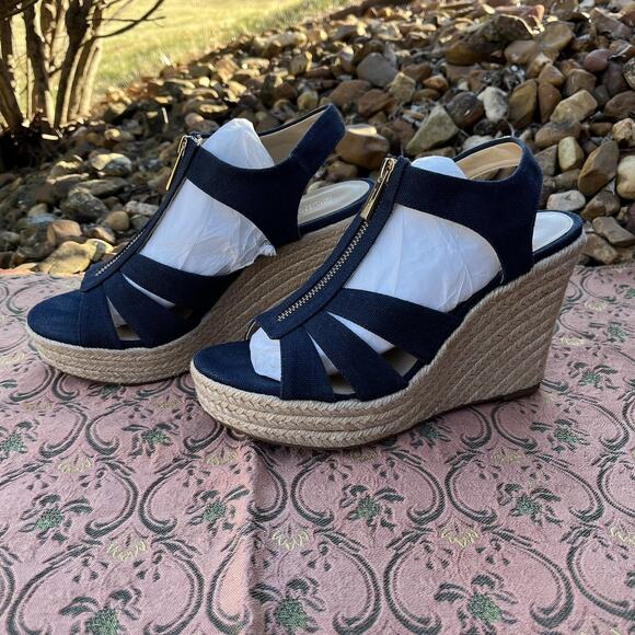 Michael Kors Shoes - Michael Kors 9M Berkley Wedge Espadrille Canvas Sandals Navy Blue Zipper
